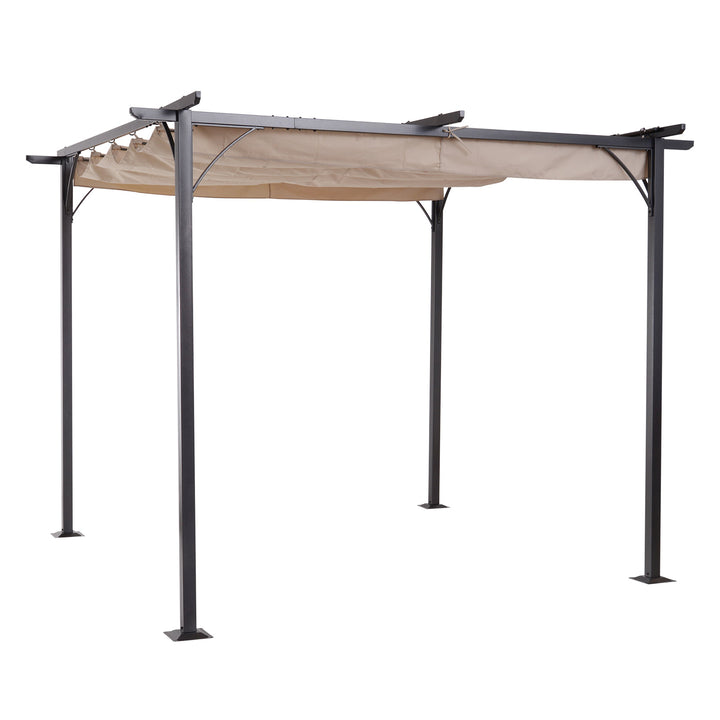 10' x 10' Steel Pergola Gazebo Shelter w Retractable Roof Sun Shade Deck Patio, Black, Beige