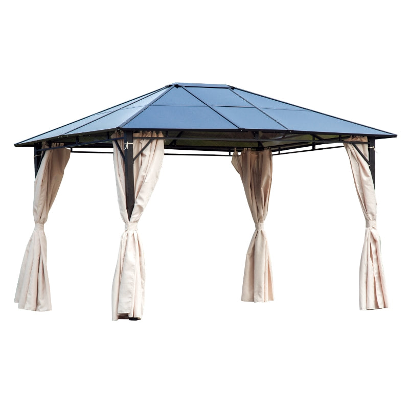 12' x 9.75' PC Hardtop Steel Frame Gazebo Outdoor Patio Canopy Shelter w/ Curtains, Brown Beige