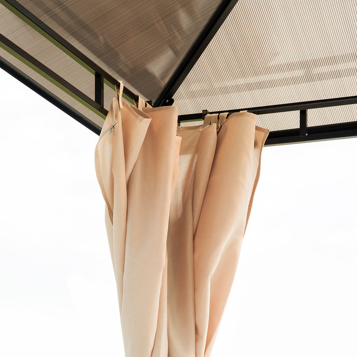 12' x 9.75' PC Hardtop Steel Frame Gazebo Outdoor Patio Canopy Shelter w/ Curtains, Brown Beige