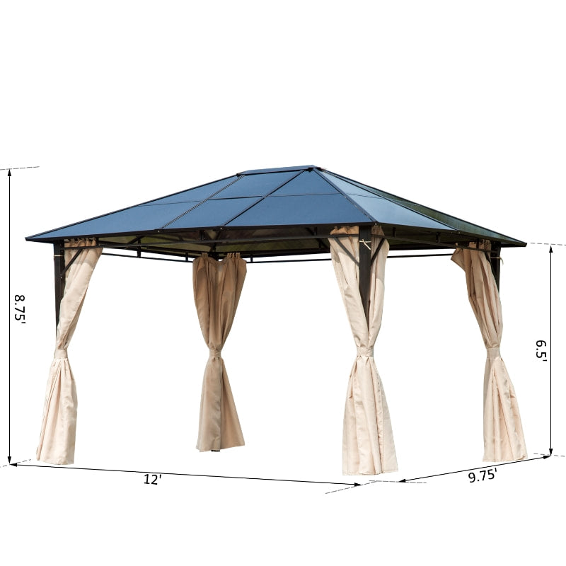 12' x 9.75' PC Hardtop Steel Frame Gazebo Outdoor Patio Canopy Shelter w/ Curtains, Brown Beige