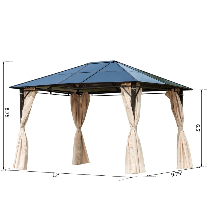 12' x 9.75' PC Hardtop Steel Frame Gazebo Outdoor Patio Canopy Shelter w/ Curtains, Brown Beige