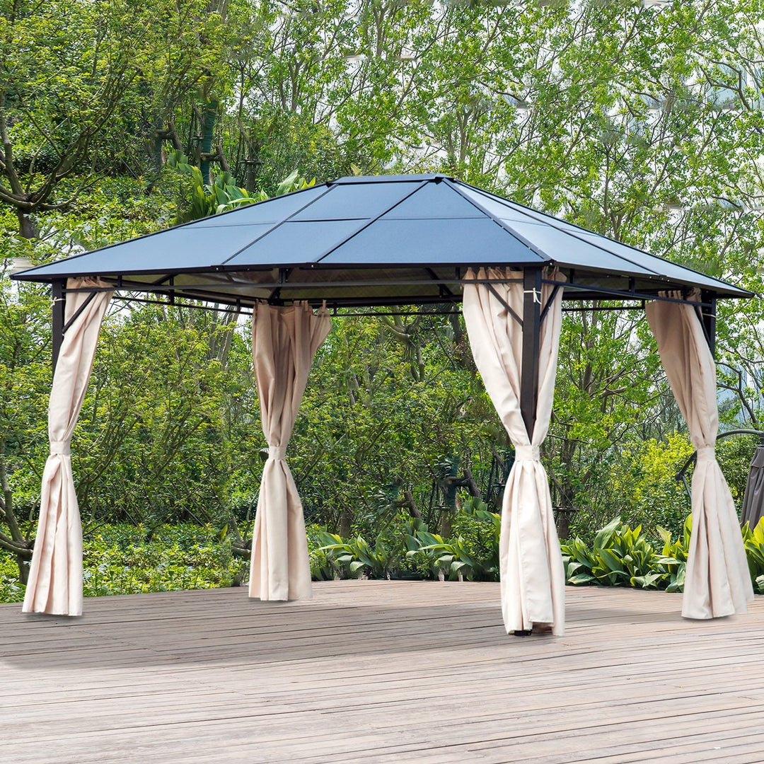 12' x 9.75' PC Hardtop Steel Frame Gazebo Outdoor Patio Canopy Shelter w/ Curtains, Brown Beige