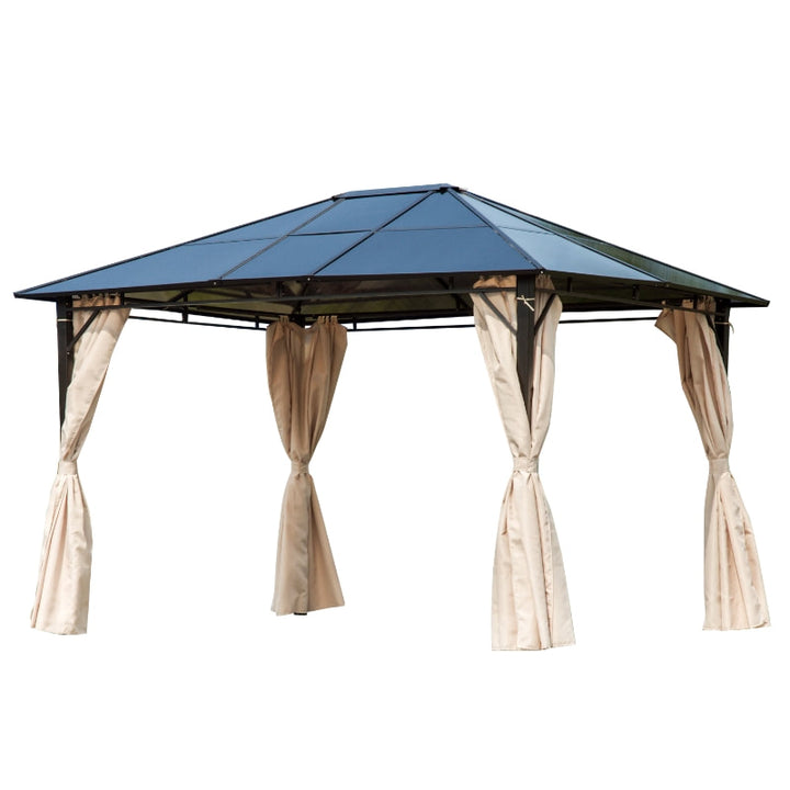 12' x 9.75' PC Hardtop Steel Frame Gazebo Outdoor Patio Canopy Shelter w/ Curtains, Brown Beige