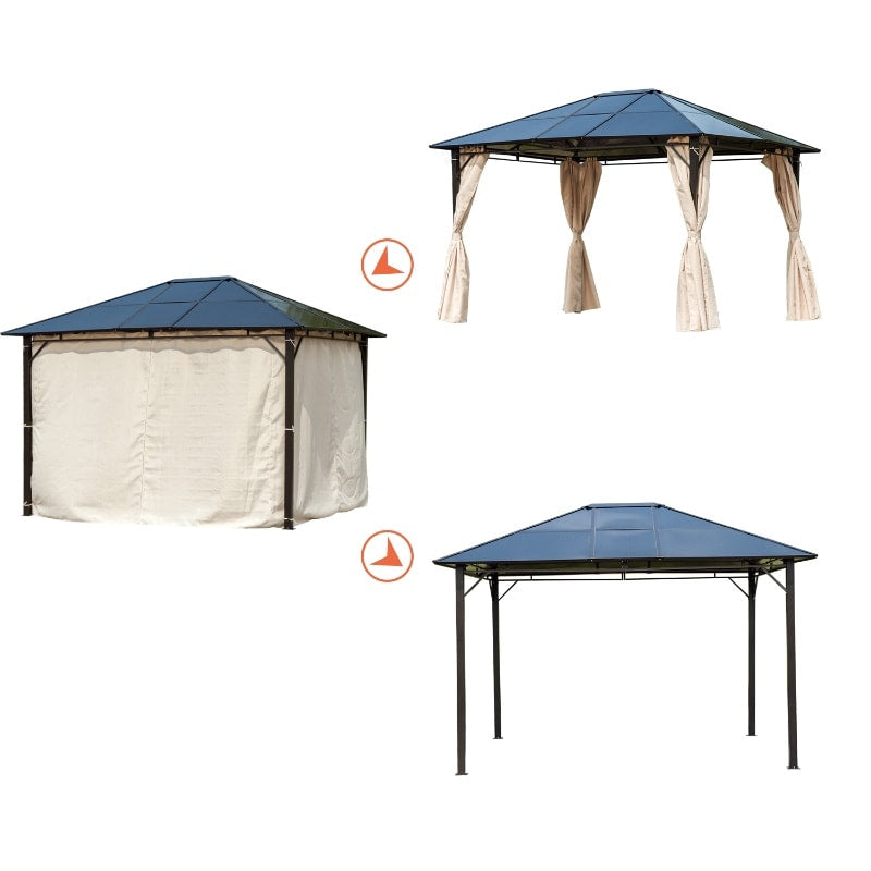 12' x 9.75' PC Hardtop Steel Frame Gazebo Outdoor Patio Canopy Shelter w/ Curtains, Brown Beige