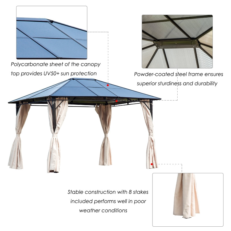 12' x 9.75' PC Hardtop Steel Frame Gazebo Outdoor Patio Canopy Shelter w/ Curtains, Brown Beige
