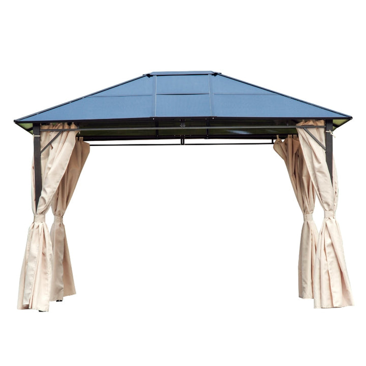 12' x 9.75' PC Hardtop Steel Frame Gazebo Outdoor Patio Canopy Shelter w/ Curtains, Brown Beige