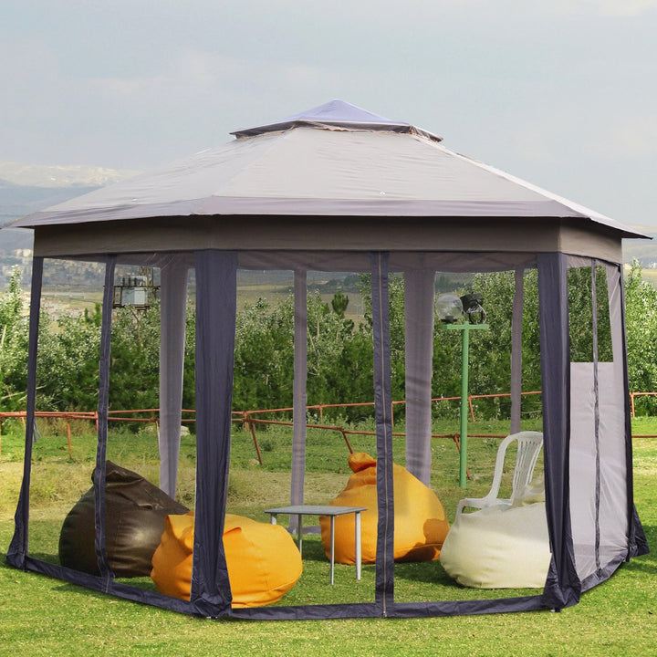 12' Hexagon Portable Pop-Up Gazebo Canopy Party Tent Shelter w Mesh Net Wall, Bag, Coffee Beige