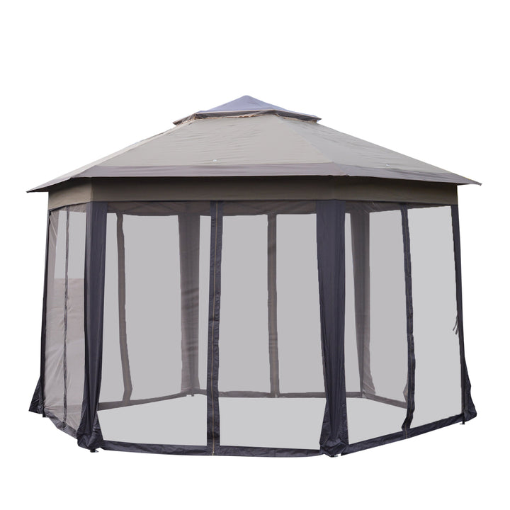 12' Hexagon Portable Pop-Up Gazebo Canopy Party Tent Shelter w Mesh Net Wall, Bag, Coffee Beige