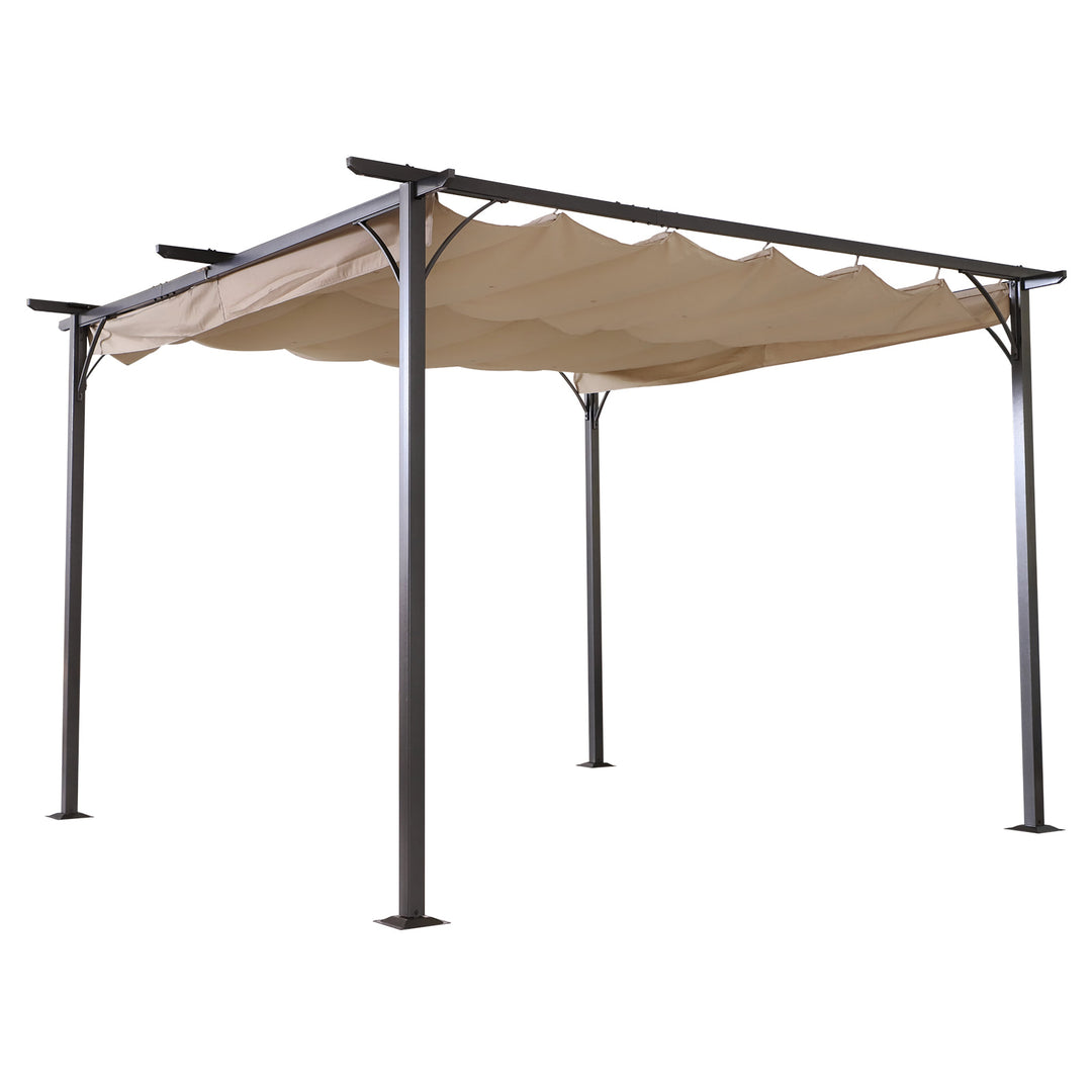 11.5' x 11.5' Steel Pergola Gazebo Shelter w Retractable Roof Sun Shade Deck Patio Black, Beige