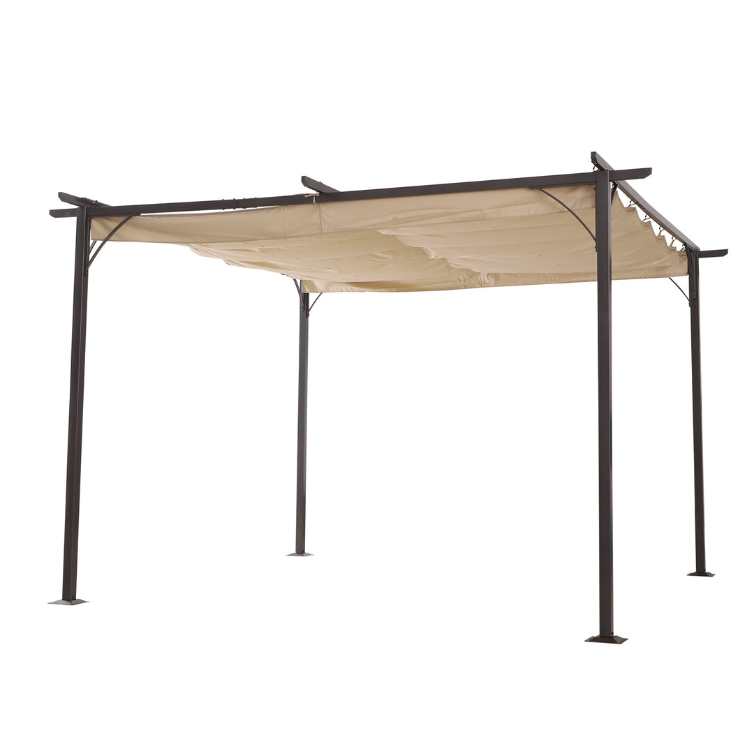 11.5' x 11.5' Steel Pergola Gazebo Shelter w Retractable Roof Sun Shade Deck Patio Black, Beige