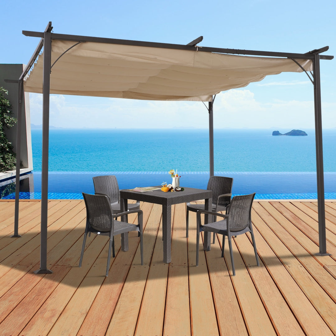 11.5' x 11.5' Steel Pergola Gazebo Shelter w Retractable Roof Sun Shade Deck Patio Black, Beige