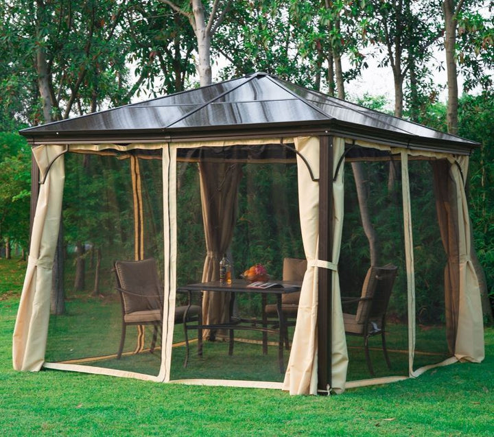 10’ x 10'  Steel PC Hardtop Gazebo Canopy Shelter w/ Curtains, Mosquito Netting, Brown, Beige