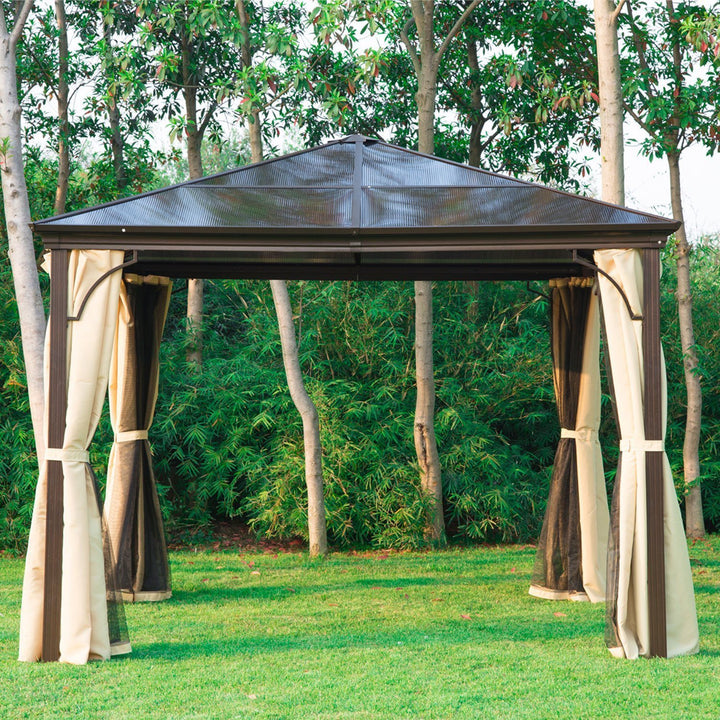 10’ x 10'  Steel PC Hardtop Gazebo Canopy Shelter w/ Curtains, Mosquito Netting, Brown, Beige