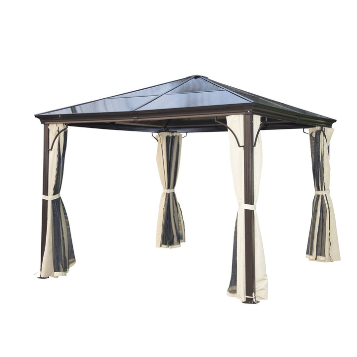 10’ x 10'  Steel PC Hardtop Gazebo Canopy Shelter w/ Curtains, Mosquito Netting, Brown, Beige