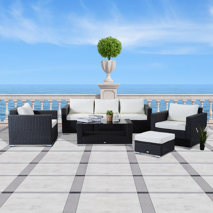 7pc Premium PE Rattan Wicker Furniture w Sofa, Chairs for Outdoor Patio, Dark Grey, Cream Beige