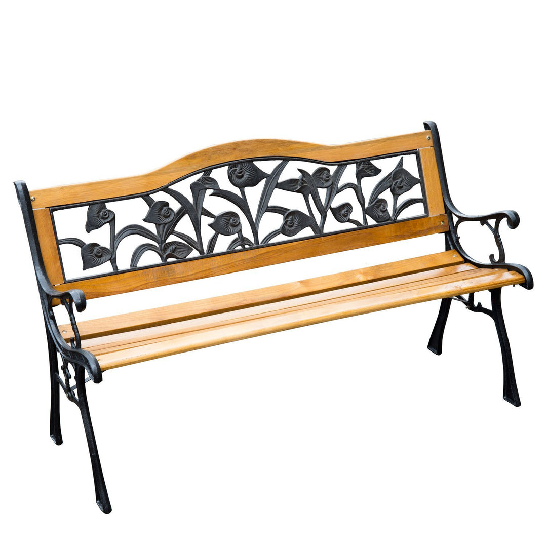 Farmhouse Outdoor 2-Seater Wooden & Cast Iron Bench Loveseat Garden Patio Deck Porch - Brown
