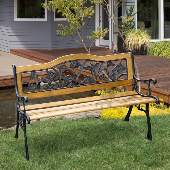Farmhouse Outdoor 2-Seater Wooden & Cast Iron Bench Loveseat Garden Patio Deck Porch - Brown