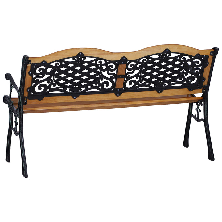 Farmhouse 2-Seater Loveseat Wooden & Cast Iron Outdoor Bench Garden Patio Deck Porch - Brown