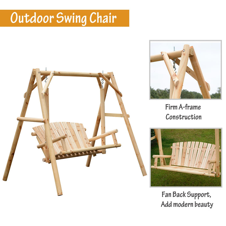 Outdoor 2-Seater Wooden Swing Lounger w/ Adjustable Canopy for Patio Backyard - Natural Wood
