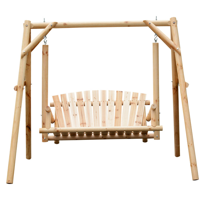 Outdoor 2-Seater Wooden Swing Lounger w/ Adjustable Canopy for Patio Backyard - Natural Wood
