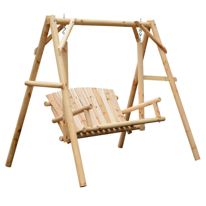 Outdoor 2-Seater Wooden Swing Lounger w/ Adjustable Canopy for Patio Backyard - Natural Wood