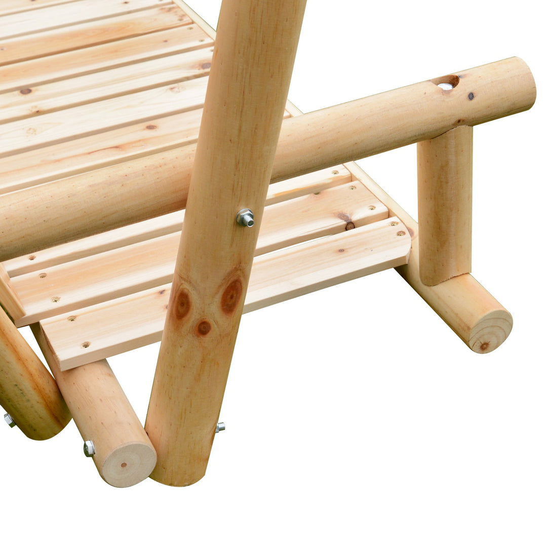 Outdoor 2-Seater Wooden Swing Lounger w/ Adjustable Canopy for Patio Backyard - Natural Wood