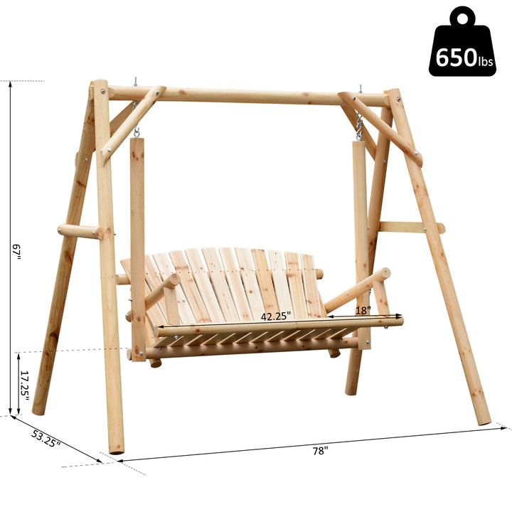 Outdoor 2-Seater Wooden Swing Lounger w/ Adjustable Canopy for Patio Backyard - Natural Wood