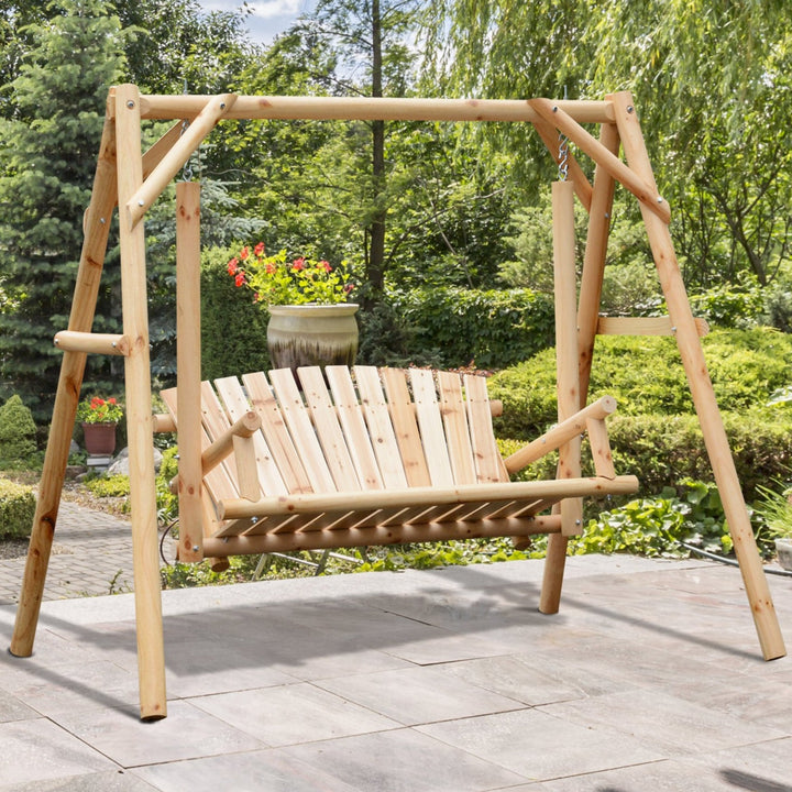 Outdoor 2-Seater Wooden Swing Lounger w/ Adjustable Canopy for Patio Backyard - Natural Wood