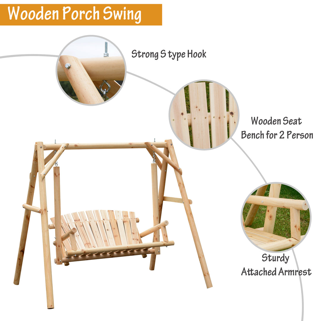 Outdoor 2-Seater Wooden Swing Lounger w/ Adjustable Canopy for Patio Backyard - Natural Wood