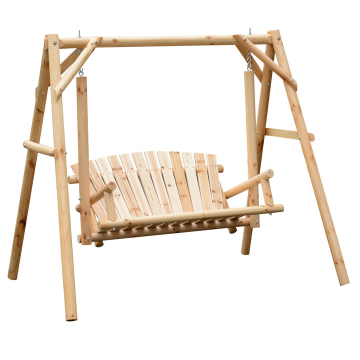 Outdoor 2-Seater Wooden Swing Lounger w/ Adjustable Canopy for Patio Backyard - Natural Wood