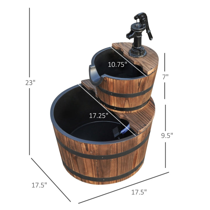 2-Tier Rustic Farmhouse Wooden Barrel Garden Wishing Fountain w/ Pump - Carbonized Fir Wood