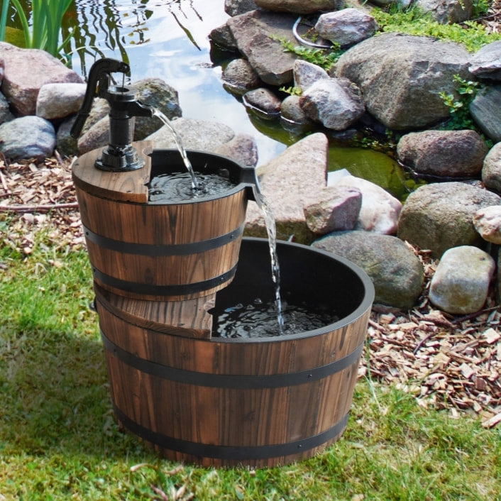 2-Tier Rustic Farmhouse Wooden Barrel Garden Wishing Fountain w/ Pump - Carbonized Fir Wood