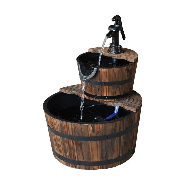2-Tier Rustic Farmhouse Wooden Barrel Garden Wishing Fountain w/ Pump - Carbonized Fir Wood