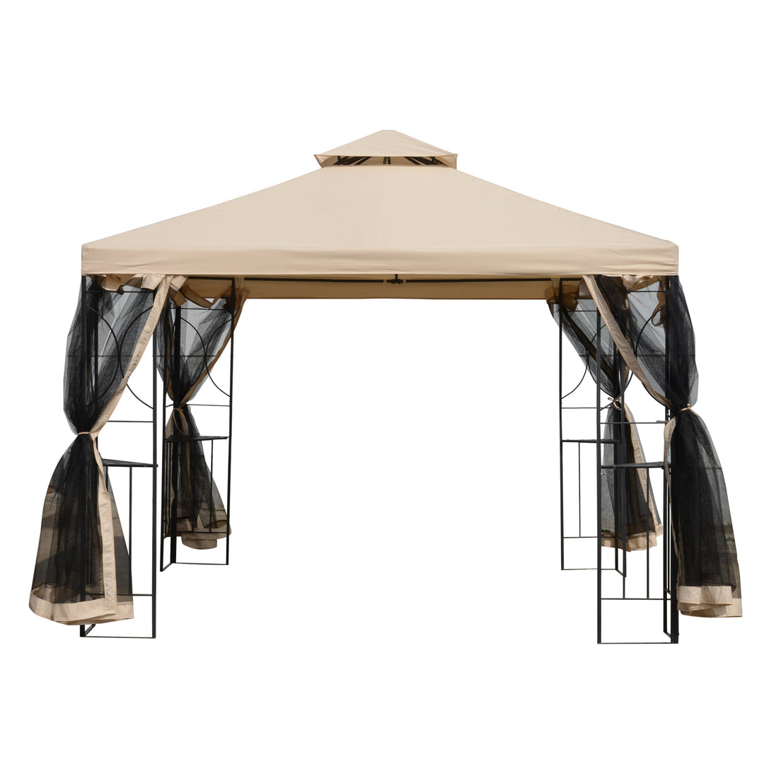10' x 10' Metal Gazebo Canopy Outdoor Patio Tent Shelter w/ Tiered Roof, Mosquito Net, Beige