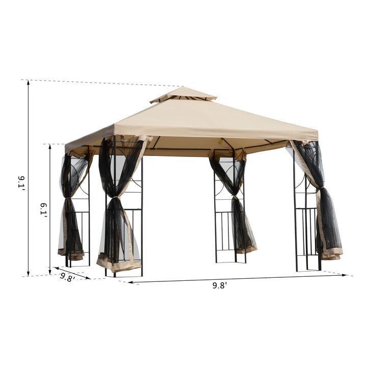 10' x 10' Metal Gazebo Canopy Outdoor Patio Tent Shelter w/ Tiered Roof, Mosquito Net, Beige