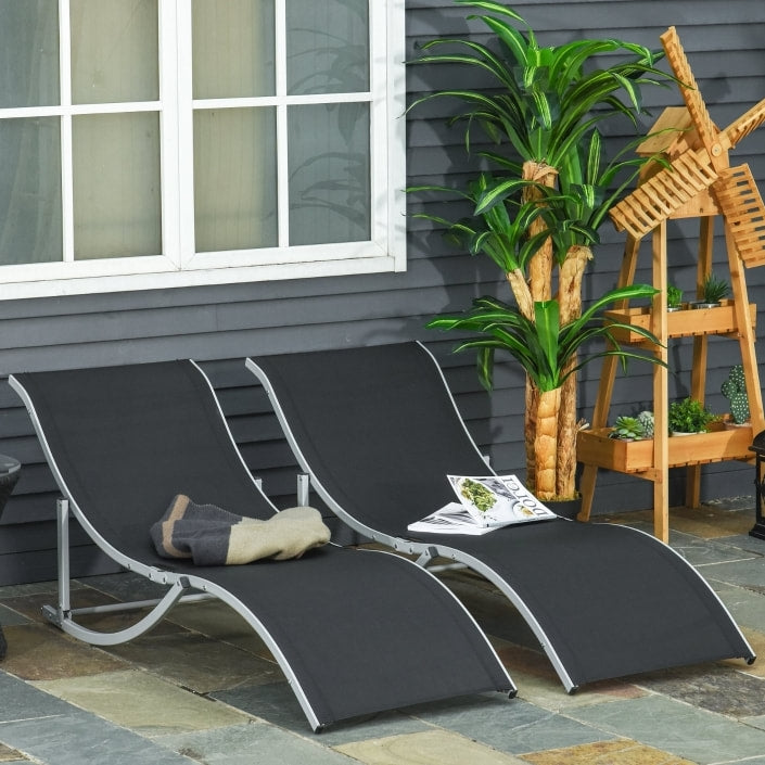 2pc S-Shaped Aluminum Foldable Sun Lounger Chair, Patio Tanning Beach Pool Deck Garden, Black