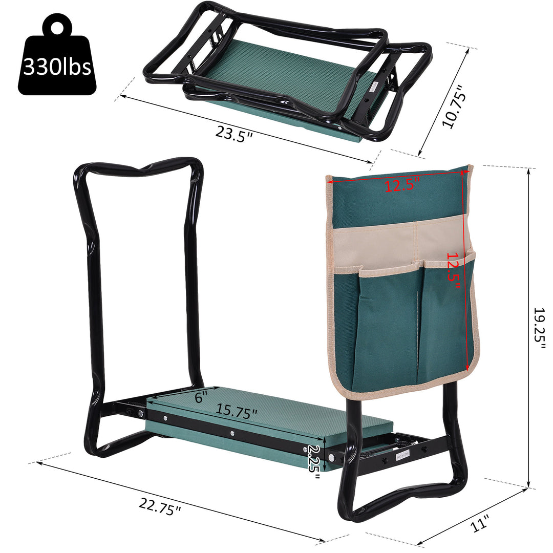 Folding Outdoor Gardening Kneeler Pad Seat Bench w/ Tool Pouch for Garden, Patio, Park - Green