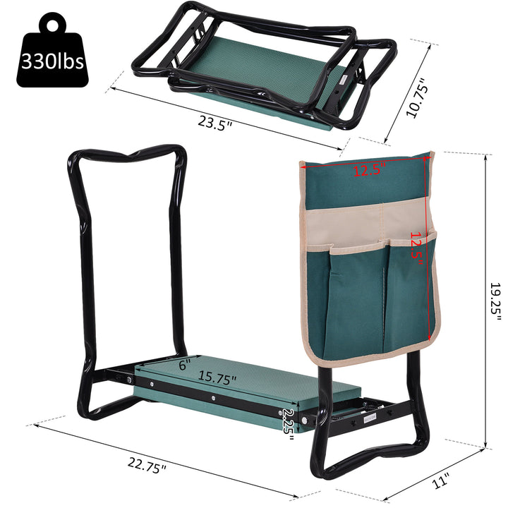Folding Outdoor Gardening Kneeler Pad Seat Bench w/ Tool Pouch for Garden, Patio, Park - Green