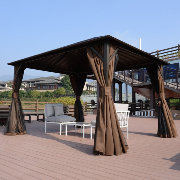 12' x 10' Galv Steel Hardtop Aluminum Frame Gazebo Canopy Shelter, Curtain, Mosquito Net, Brown