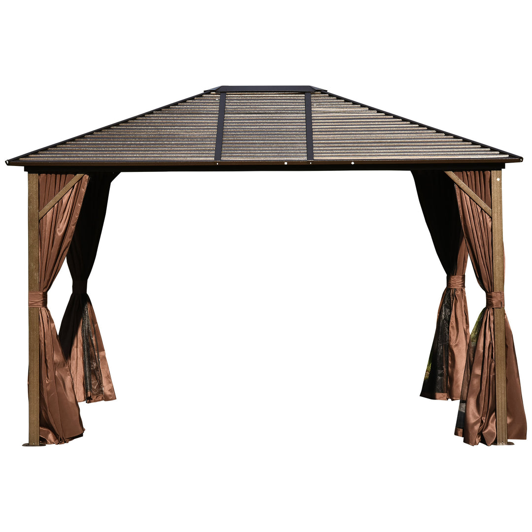 12' x 10' Galv Steel Hardtop Aluminum Frame Gazebo Canopy Shelter, Curtain, Mosquito Net, Brown