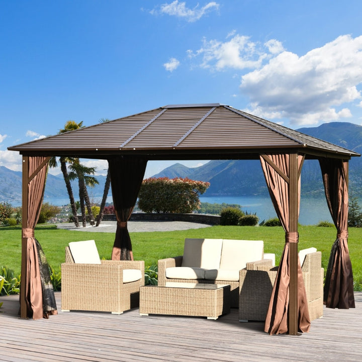 12' x 10' Galv Steel Hardtop Aluminum Frame Gazebo Canopy Shelter, Curtain, Mosquito Net, Brown
