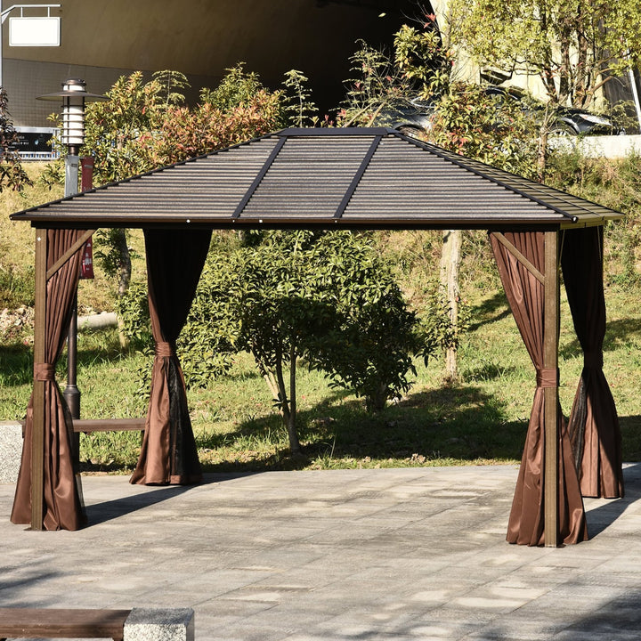 12' x 10' Galv Steel Hardtop Aluminum Frame Gazebo Canopy Shelter, Curtain, Mosquito Net, Brown