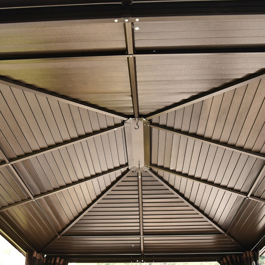 12' x 10' Galv Steel Hardtop Aluminum Frame Gazebo Canopy Shelter, Curtain, Mosquito Net, Brown