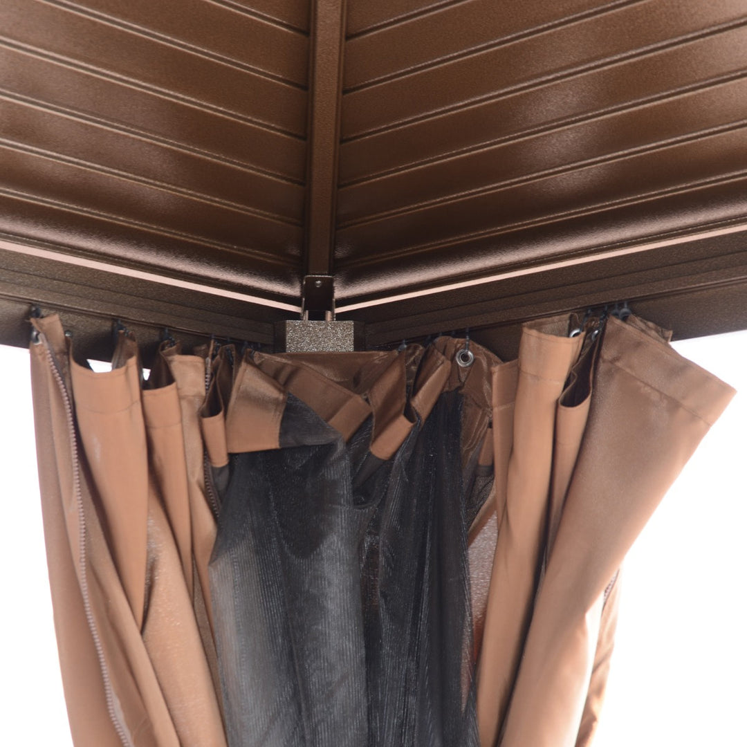 12' x 10' Galv Steel Hardtop Aluminum Frame Gazebo Canopy Shelter, Curtain, Mosquito Net, Brown
