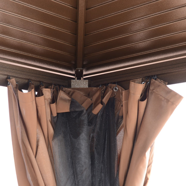 12' x 10' Galv Steel Hardtop Aluminum Frame Gazebo Canopy Shelter, Curtain, Mosquito Net, Brown