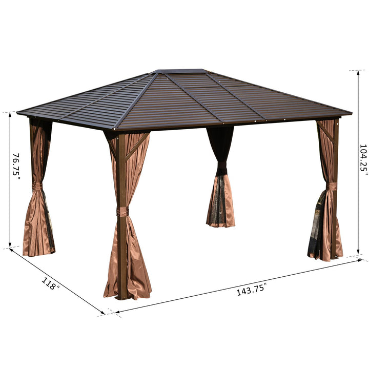 12' x 10' Galv Steel Hardtop Aluminum Frame Gazebo Canopy Shelter, Curtain, Mosquito Net, Brown