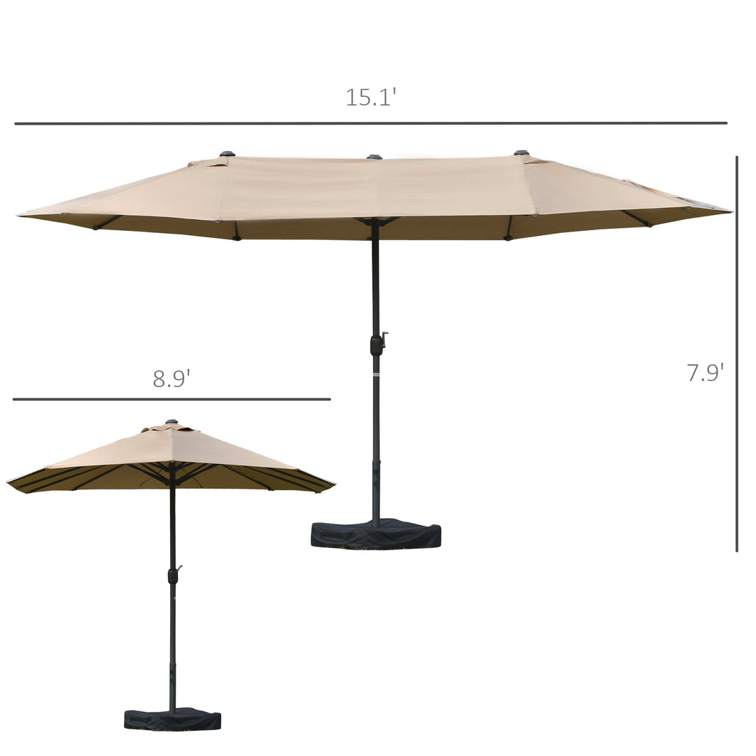 15ft Double Twin Canopy Patio Deck Umbrella Shade Shelter w Base Stand UV Protection, Tan Beige