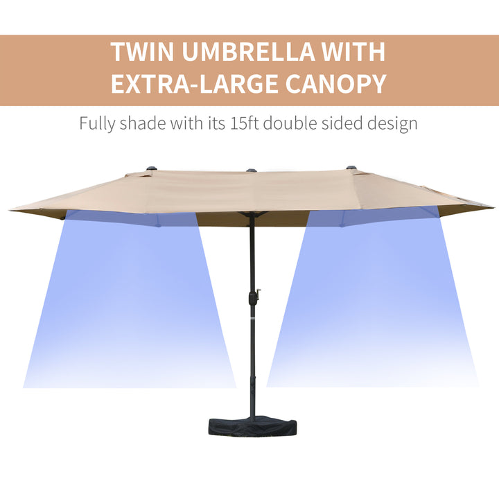 15ft Double Twin Canopy Patio Deck Umbrella Shade Shelter w Base Stand UV Protection, Tan Beige