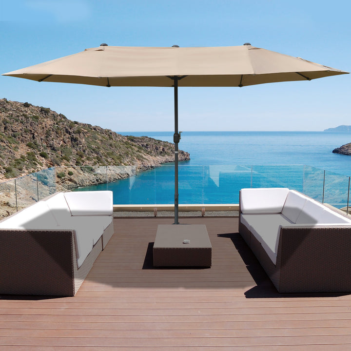 15ft Double Twin Canopy Patio Deck Umbrella Shade Shelter w Base Stand UV Protection, Tan Beige