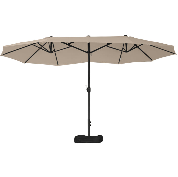 15ft Double Twin Canopy Patio Deck Umbrella Shade Shelter w Base Stand UV Protection, Tan Beige